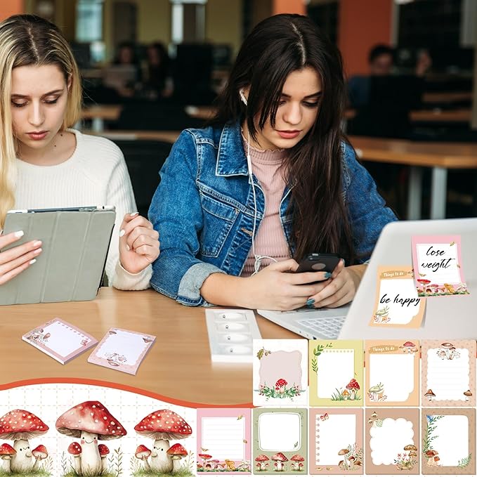 Sabary 9 Pads Sticky Notes 3.15 x 3.94 Inches Cute Self Sticky Note Pads Colored Adhesive Notepad for Memo Reminder Journal Studying Office Home Gift (Mushroom)