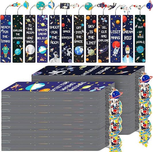 Christmas Space Theme Bookmarks with Metal Charms Planet Rocket Space Ship Theme Bookmarks Inspirational Quotes Bookmarks for Space Christmas Party Favors Gifts Kids Boys Girls Encourage(288 Pieces)