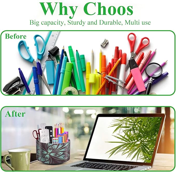 lizimandu Round Leather Art Supply Organizer,Remote Control Holder,360 Degree Rotating,Multi-Functional Pencil Holder,4 Compartments Desktop Stationary Organizer(1-Green Flower)