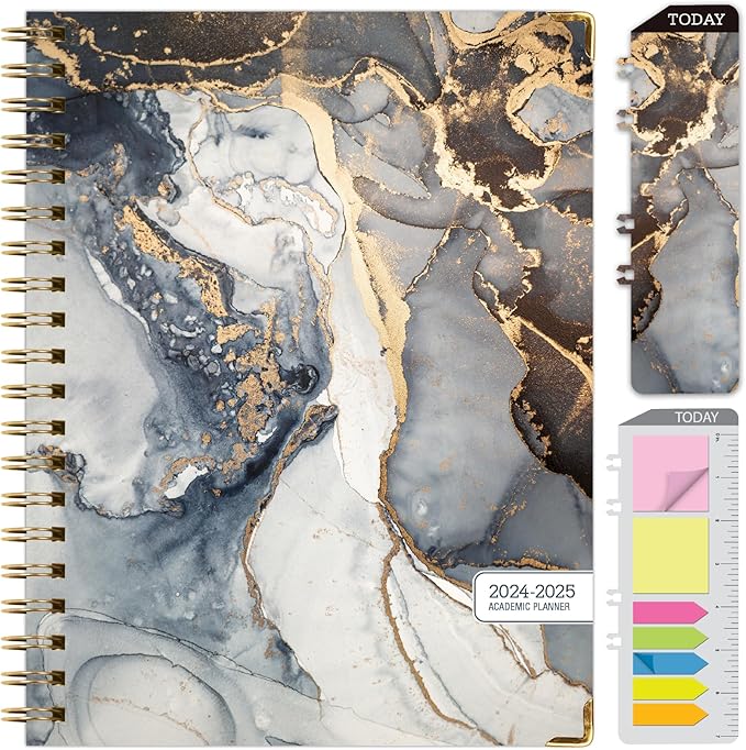HARDCOVER Academic Year 2024-2025 Planner: (June 2024 Through July 2025) 8.5"x11" Daily Weekly Monthly Planner Yearly Agenda. Bookmark, Pocket Folder and Sticky Note Set (Black Gold Marble)