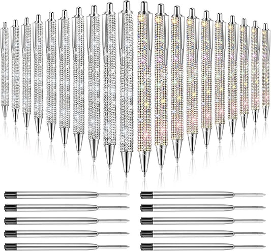 20Pcs Rhinestone Metal Ballpoint Pens Bling Pens Bulk Fancy Sparkly Crystal Diamond Pens Press Retractable Black Ink 0.7mm For Women Office Meeting Birthday Supplies Wedding Gifts