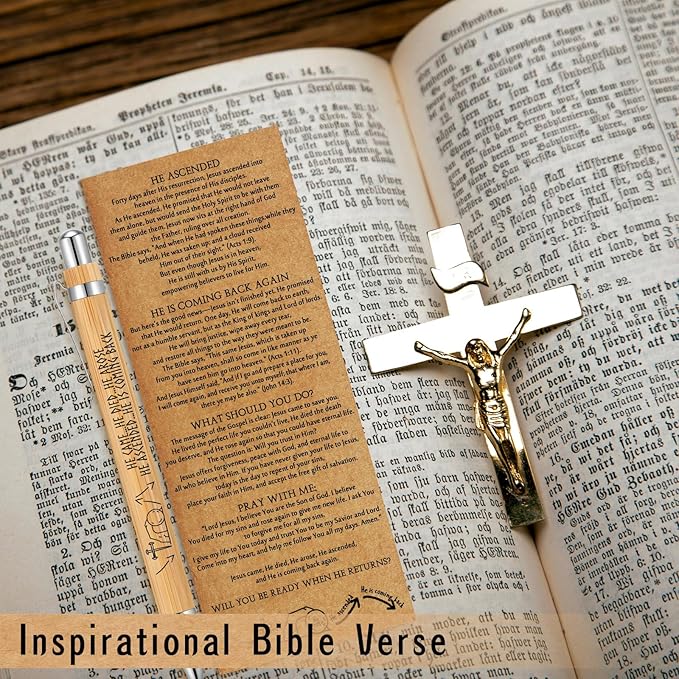 100 Sets Religious Bible Verse Gifts Bulk Christian Bookmarks Inspirational Bamboo Pens Easter Gifts for Men Women Sunday School Church Activities