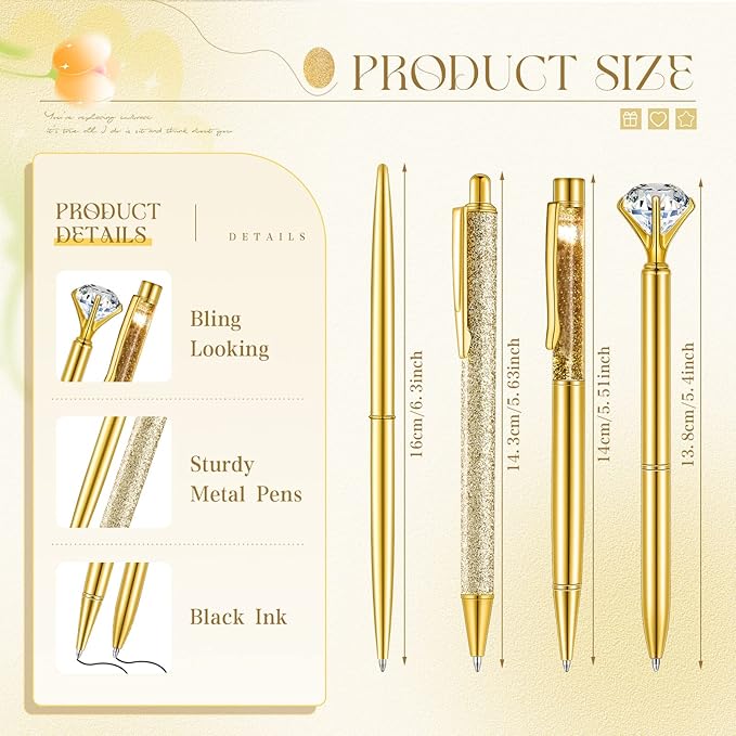 Sabary 8 Pcs Ballpoint Pens with Pen Holder for Desk Glitter Crystal Diamond Fancy Pencil Holder Bling Desk Organizer Cute Stationery Supplies for Women Girls Wedding Office School Gifts(Gold)
