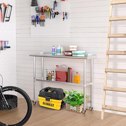 Stainless Steel Table with Wheels 14 x 48 Inches Metal Prep Table with Backsplash & Caster, Adjustable Undershelf for Commercial Kitchen, Outdoor, Restaurant, Hotel & Garage