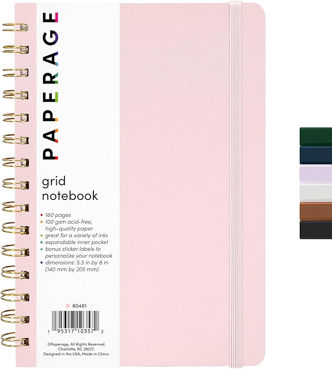 PAPERAGE Graph Paper Spiral Notebook & Journal, (Blush), 160 Pages, Medium 5.5 inches x 8 inches - 100 GSM Thick Graphing Paper, Hardcover, Double-Wire Grid Spiral Notebook