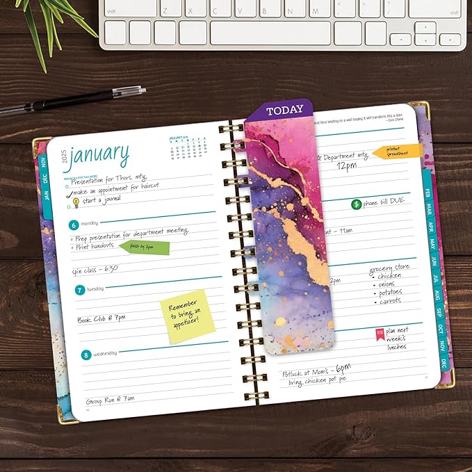 HARDCOVER 2025 Planner, 5.5"x8": 14 Months (November 2024 - December 2025), Daily Weekly Monthly Planner, Yearly Agenda, Bookmark, Pocket Folder and Sticky Note Set (Rainbow Gold Marble)