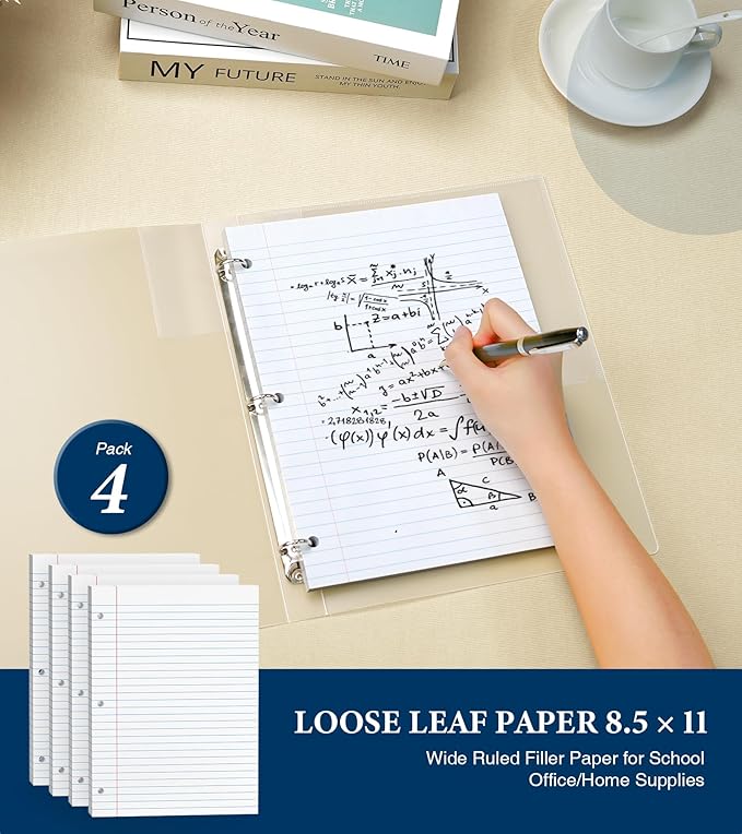 8.5 x 11 Wide Ruled Paper, Loose Leaf Paper, 3 Hole Punch Paper 8.5 x 11 WhiteLoose Leaf Notebook Paper for 3 Ring Binders, Notebook Paper,Filler Paper,Lined Paper, 400 Sheets Writing Paper (4 Pack)
