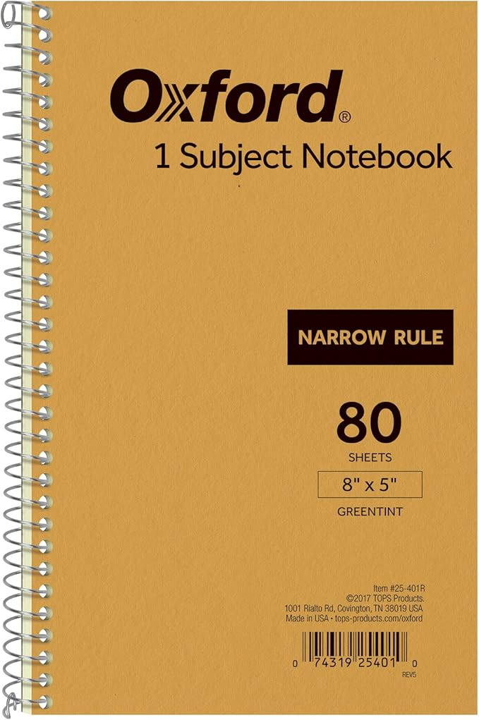 Oxford 1-Subject Kraft Notebook, 5" x 8", Narrow Rule, Kraft Cover, Green Tint Paper, 80 Sheets (25-401R)