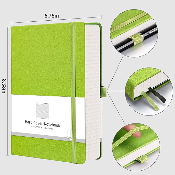 AHGXG Graph Paper Notebook - 320 Pages Grid Notebook Thick Journal A5, 100gsm Thick Graph Paper, Leather Hardcover, Inner Pocket,5.75'' × 8.38''- GrassGreen