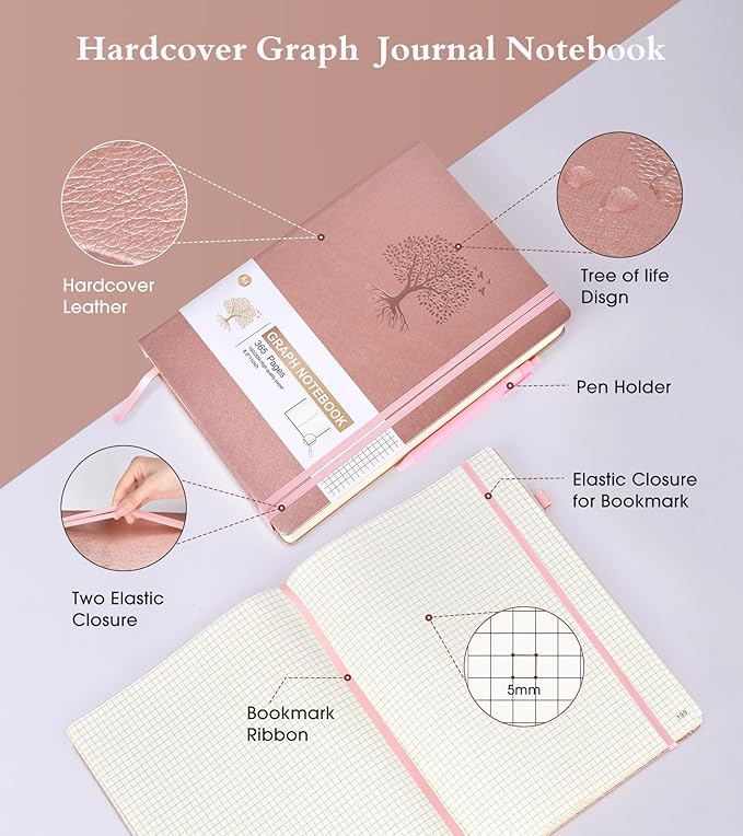 Graph Paper Notebook Journal, 360 Numbered Pages Grid Notebooks, Thick 100gsm Graphing Paper Notebook Journals for Women Men, B5 Large Hardcover Leather Graph Notebook 7.6'' X 10'' Pink