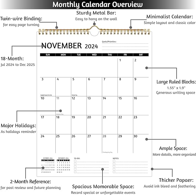 Wall Calendar 2025 – Calendar 2025 Wall, 12 Monthly Calendar, Jan 2024 - Dec 2025, 11.5 x 14.5 In, 2025 Calendar with Large Blocks, Thick Paper, Holidays, To-do ＆ Notes, Great for Organizing