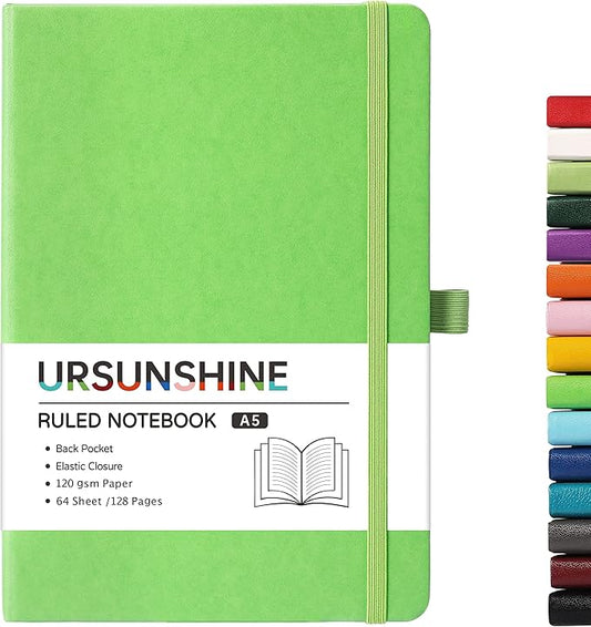 Ruled Notebook/Journal - Classic Lined Journal/Notebook, Hardcover with Thick Paper, 5.3" x 8.26", Banded + Pen Holder +Inner Pocket - Prasinous