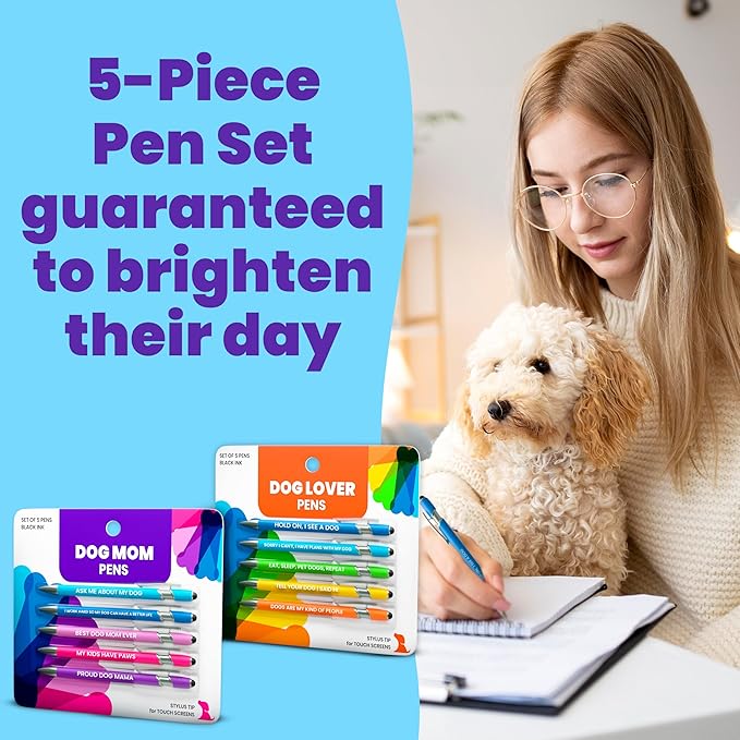 Funny Dog Mom Pen Set – 5-Piece Dog-Themed Stylus Pens – Dog Mom Gifts for Women, Friends, Dog Lovers, Groomer, Vet, Dog Sitter, Dog Walker for Birthdays, Valentines, Thank you