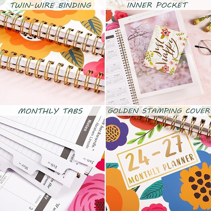 Tullofa Monthly Planner/Calendar 2024-2027 - Jul. 2024 - Jun. 2027, 3 Year Monthly Planner, 9" x 11", 2024-2027 Monthly Planner with 36 Months + Tabs + Double-side Pocket + Flexible Cover - Floral