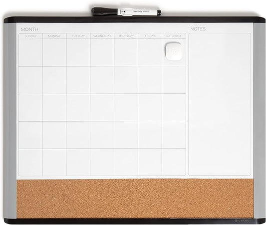 U Brands 3-in-1 Magnetic Dry Erase Calendar Board, Black and Gray Frame, Magnet and Marker Included, 16" x 20" (6712U00-01)