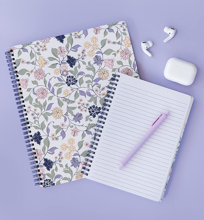 Steel Mill & Co Cute Floral Mini Spiral Notebook, 8.25" x 6.25" Journal with Durable Hardcover and 160 Lined Pages, Purple Vine Ditsy