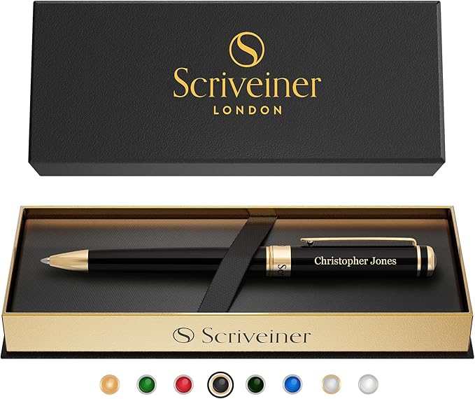 Scriveiner Personalized Black Ballpoint Pen - Stunning Luxury Pen, Jet Black Lacquer, 24K Gold Finish, Schmidt Ink Refill, Best Engraved Ball Point Gift Set for Men & Women, Custom Name Engraving