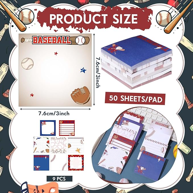 Thenshop 9 Pads Sport Sticky Notes Ball Self Stick Notepads 3x3 Inches Notes Cute Adhesive Memo Pad Gifts for Office Sports Birthday Party Favors(Baseball)