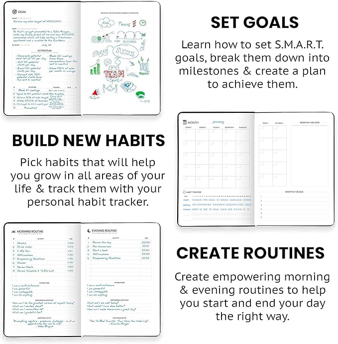 Pro - Goal Setting Planner to Increase Productivity and Achieve Personal and Business Goals. 12 Month Undated Daily, Weekly and Monthly Journal Organizer with Calendar (Black)