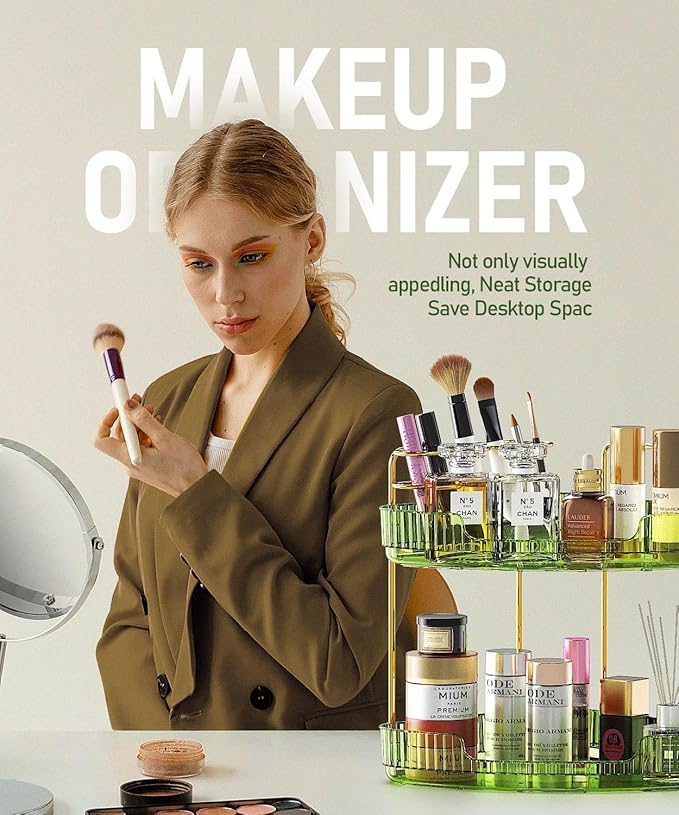 2-Tier Corner Bathroom Counter Organizer Makeup Cosmetic Storage, Tool-Free Installation Acrylic Vanity Shelf, Skin Care Organizer Perfume Tray for Countertop Bathroom, Dresser, Kitchen (Green)