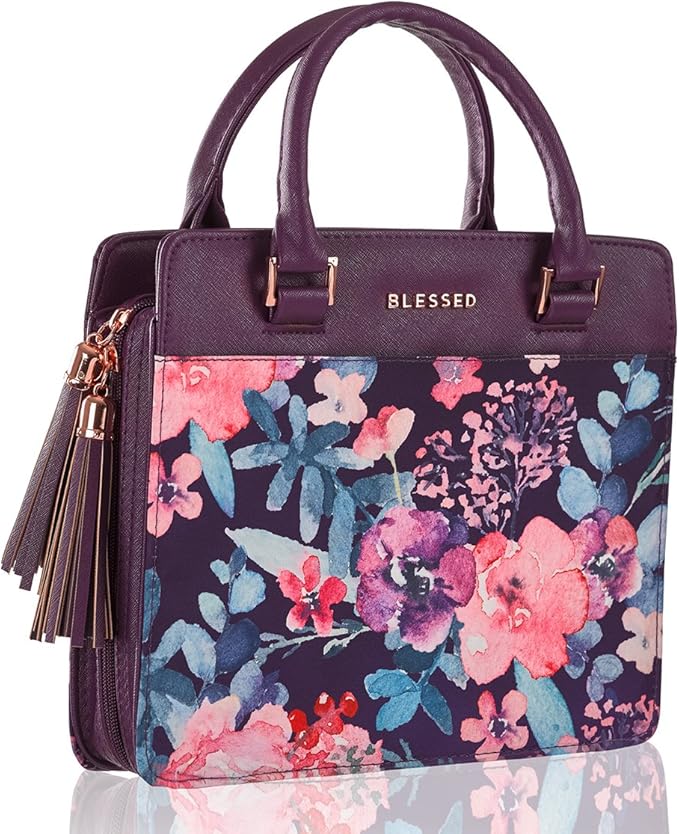 Christian Art Gifts Women's Fashion Bible Cover Purse Style Blessed, Purple Floral Faux Leather, Large