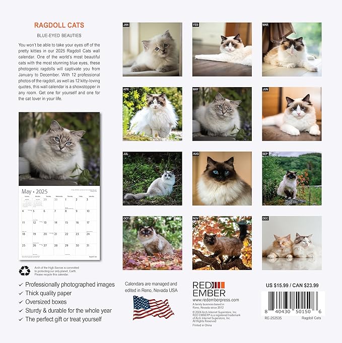 RED EMBER Ragdoll Cats 2025 Wall Calendar 12 Month | 12" x 24" Open | Thick & Sturdy Paper | Giftable | Calendar 2025
