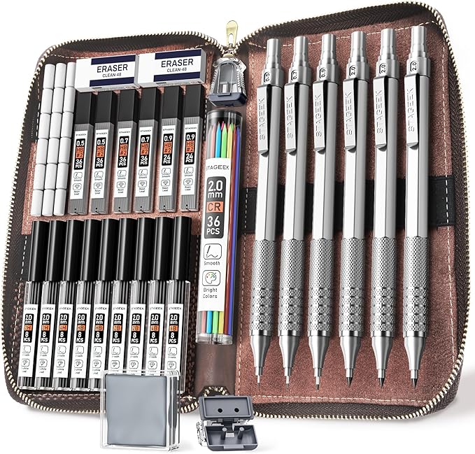 30Pcs Metal Mechanical Pencil Set with Leather Case, 0.5/0.7/0.9/2.0mm Art Drafting Pencils, 16 Tubes Graphite Leads(6B 4B 2B HB 2H 4H) with Colored Leads for Sketching Drawing Writing(Silver)