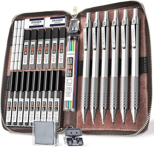 30Pcs Metal Mechanical Pencil Set with Leather Case, 0.5/0.7/0.9/2.0mm Art Drafting Pencils, 16 Tubes Graphite Leads(6B 4B 2B HB 2H 4H) with Colored Leads for Sketching Drawing Writing(Silver)