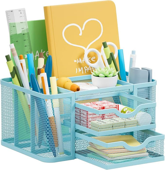 Marbrasse Mesh Desk Organizer, Pen Organizer with 2 Drawer, Multi-Functional Pencil Holder for Desk, Desk Organizers and Accessories with 5 Compartments + Drawer for Office Art Supplies (Blue)