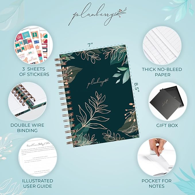 PLANBERRY Budget Planner & Monthly Bill Organizer with Pockets Premium – Home Finance & Bill Payment Organizer – Budgeting Book with Income & Expense Tracker - 7x8.5″ Hardcover (Green Pastures)