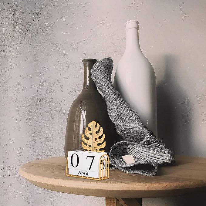 SUPVOX Wooden Block Calendar for Desk Daily Desktop Perpetual Calendar Wood Month Date Display Blocks Farmhouse Desk Accessories for Home Office Decor Reusable Yearly Monstera Leaf Design