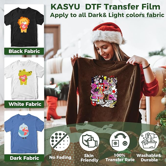 KASYU DTF Transfer Film, 50 Sheets 11"*17" DTF Paper with Smart Printing Pad for All Sublimation&DTF Printers,DTF Film for Sublimation Hack,Upgraded Direct to Film for All Color Fabric