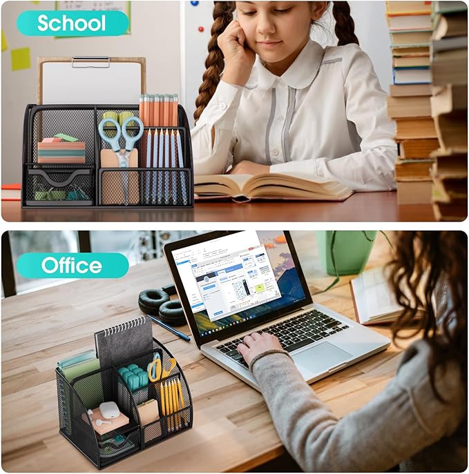 MaxGear Office Desk Organizer - 6 Compartment Pen Holder & Drawer, Metal Mesh Desktop Organizer with Non-Slip EVA Pad, Black Desk Caddy, 8.7" x 5.5" x 5"