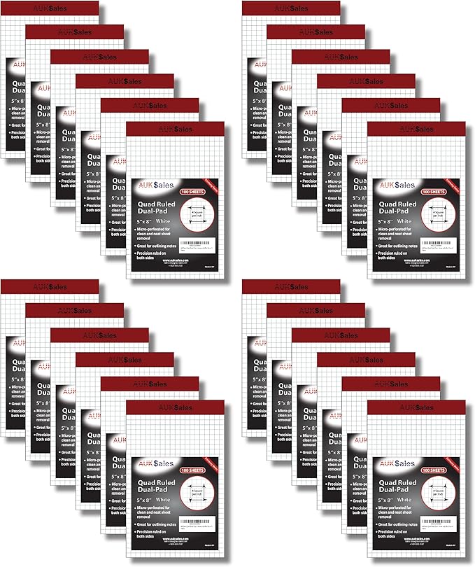 Grid Paper Pad 5x8 Inches – Graph Paper Pad 4x4, Grid Notepad, 24 Pack, 5x8 Graph Paper 1/4 Grid, Graphing Paper, Engineering Pad – 100 Sheets 200 Pages Perforated Pad for School, Home, & Office