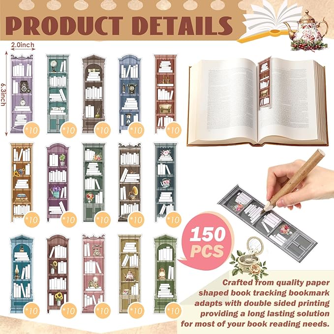 150 Pcs Book Tracker Bookmarks Bulk 6.3 x 1.97 Inch Bookshelf Design Bookmarks Paper Book Tracking Bookmark Double Sided Reading Page Markers for Book Lovers Students School (Vintage)