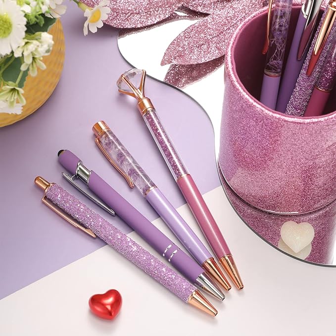 Sabary 8 Pcs Ballpoint Pens with Pen Holder for Desk Glitter Crystal Diamond Fancy Pencil Holder Bling Desk Organizer Cute Office Supplies for Women Girls Valentines Birthday Gifts(Purple)
