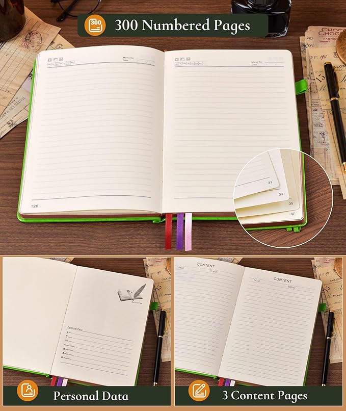 Vintage Leather Journal - 300 Page Lined Journal Notebook with Numbered Pages,A5 Notebook for Women Men,Travel Diary,Daily Journal for Writing, Note Taking, School & Work (5.8" x 8.3")