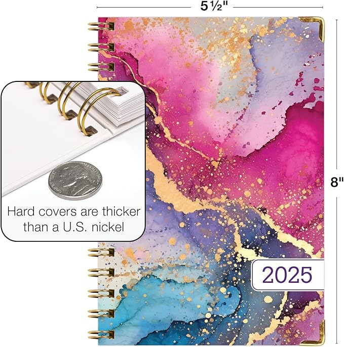 HARDCOVER 2025 Planner, 5.5"x8": 14 Months (November 2024 - December 2025), Daily Weekly Monthly Planner, Yearly Agenda, Bookmark, Pocket Folder and Sticky Note Set (Rainbow Gold Marble)