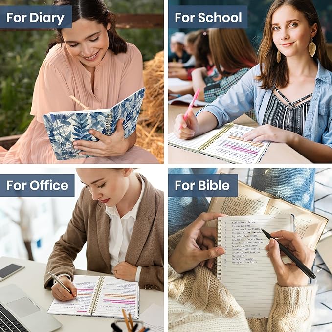 Lined Spiral Journal Notebook for Women, A5 College Ruled Journals for Writing, Hardcover Notebooks for Work, Note taking and Office School Supplies,140 Pages - Blue Leaves