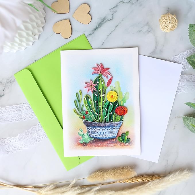 KingKraft Cactus Quilling Card, Handcrafted Greeting Card for All Occasions, Birthday, Thinking of You, Get Well, Anniversary Card for Wife, Valentines Day, Mothers Day Card, Blank Inside