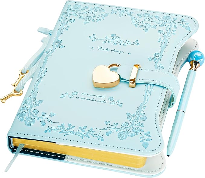 Diary with Lock and Keys for Girls Gifts Ideas, 360 Gold Edged Pages Journal for Women, B6 Refillable Notebook for Writing with Pen and Bookmark (Light Blue)