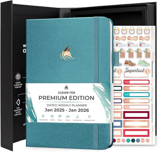Clever Fox Dated Planner Premium Edition – 2025-2026 Weekly Planner for Planning, Goal Setting & Time Management – Planner Notebook with Habit Tracker & to-do List – A5 Size (Aquamarine)