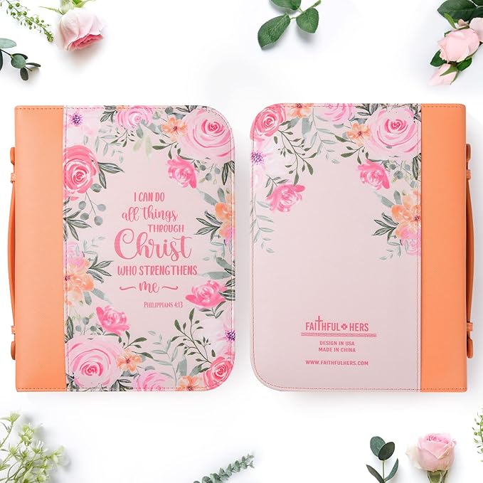 Bible Cover Case for Women with 7 Beautiful Paper Bookmarks Floral PU Leather Bible Cover Bag with Pockets and Zipper for Standard and Large Size Study Bible 10.8"x7.8"x2" (Coral Floral)