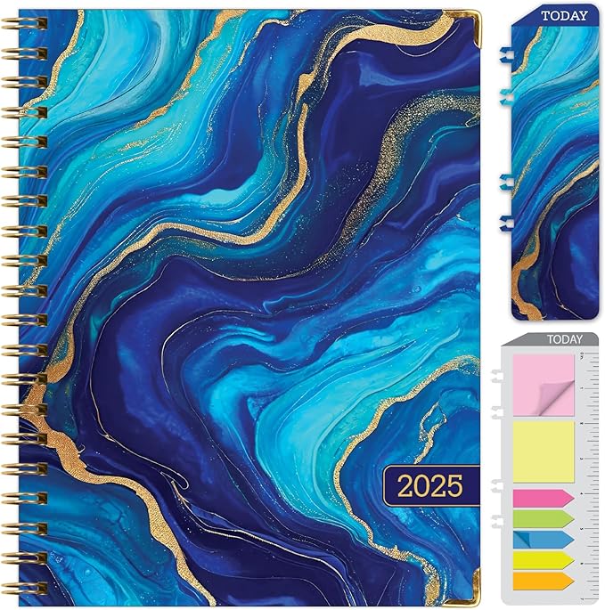 HARDCOVER 2025 Planner, 8.5"x11": 14 Months (November 2024 - December 2025), Daily Weekly Monthly Planner, Yearly Agenda, Bookmark, Pocket Folder and Sticky Note Set (Dark Blue Marble)