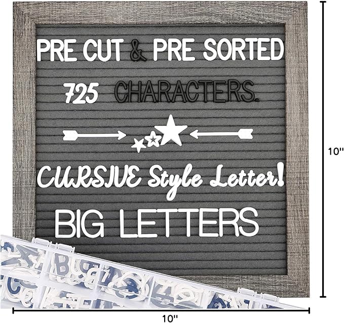 Grey Felt Letter Board - 10x10 Inch, Pre Cut 725 Letters, First Day of School, Classroom Decor, Baby Announcements