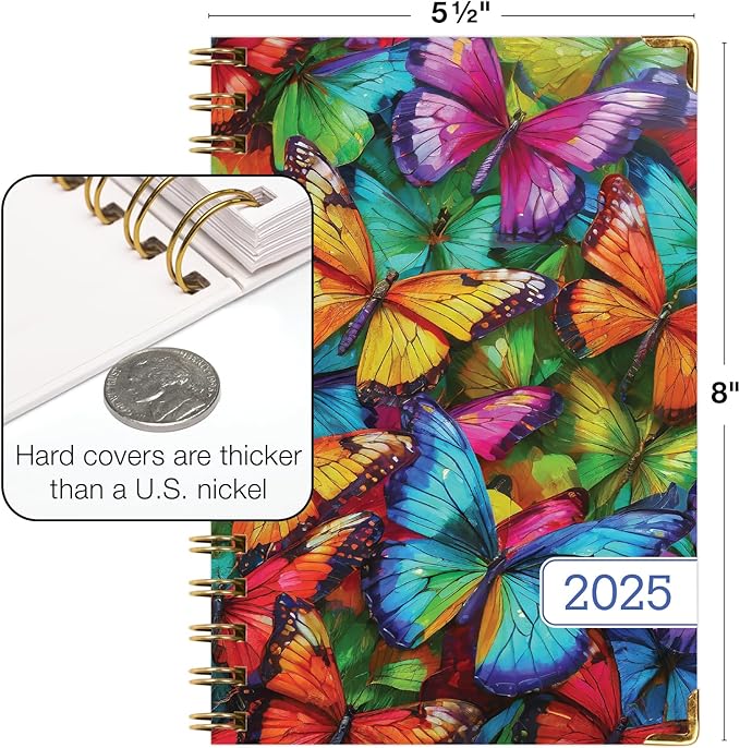 HARDCOVER 2025 Planner, 5.5"x8": 14 Months (November 2024 - December 2025), Daily Weekly Monthly Planner, Yearly Agenda, Bookmark, Pocket Folder and Sticky Note Set (Colorful Butterflies)