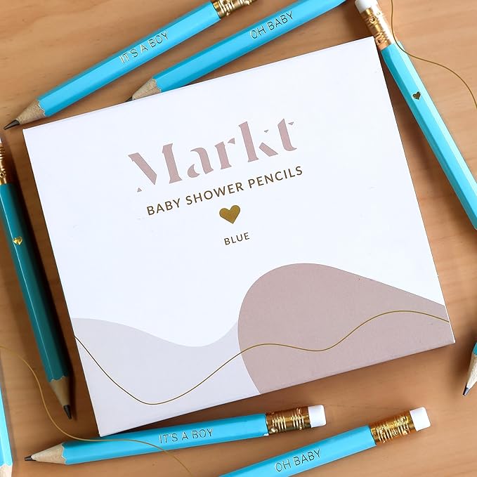 Markt Mini Pencils For Baby Shower Games Boy, Heart Pencils, Small Blue Pencil Set With Erasers