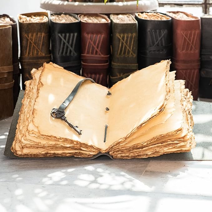 LEATHER VILLAGE Vintage Leather Journal – 200 Handmade Vintage Deckle Edge Paper – Leather bound Journal For Women Men – Vintage Key Closure - Book of Shadows - Aqua - 6X4 inches (A6)