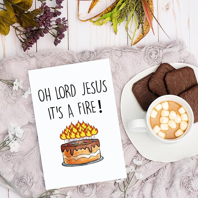 Funny Birthday Cake Card for Friend Bestie Women, Snarky Humor Happy Birthday Card for Him & Her - Oh Lord Jesus It's A Fire