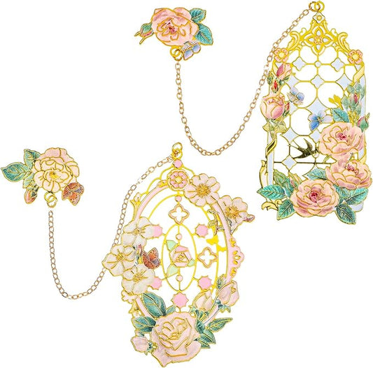 2 Pcs Metal Rose Bookmarks, Beautiful Book Marks for Reading Women Vintage Bookmarks with Metal Chain Pretty Bookmark Gift for Book Lovers Readers Birthday Christmas Gifts(Pink, White Roses)